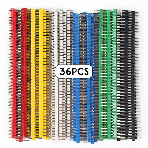 36 Piece Breakable Pin Header Kit 2.54mm Pitch Single Row Male Headers Multi Color Set for PCB Breadboard and DIY Electronics Projects Compatible with Arduino Raspberry Pi ESP32 arranged in rows