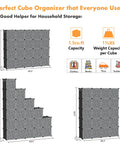 Diagram showing dimensions and capacity of twenty cube storage organizer, highlighting 1.5 cu.ft capacity and 11 lbs per cube.