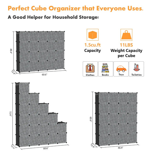 Diagram showing dimensions and capacity of twenty cube storage organizer, highlighting 1.5 cu.ft capacity and 11 lbs per cube.