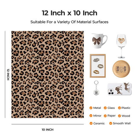 Leopard Print Permanent Vinyl Sheets Bundle 12X10 Inch, 10 Pack With 2 Transfer Papers Included For Crafting, includes material examples.