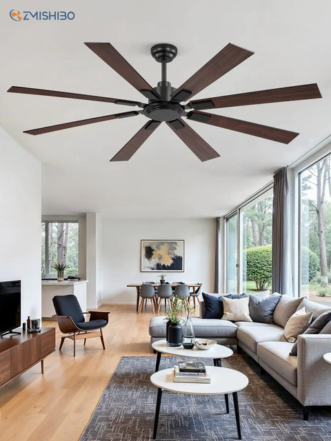 65 Inch No Light Ceiling Fan With Remote In Black, Large Indoor Outdoor Ceiling Fan With Quiet Reversible DC Motor, Six Speed Settings, Eight Blades, Perfect For Patios Living Rooms And Garages installed in living room