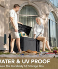120 Gallon Resin Outdoor Storage Box For Patio And Yard Waterproof Deck Box Bench Lockable Outdoor Storage Chest with Wood Grain Finish