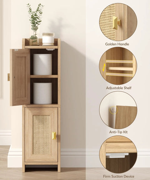 Top Tier Rattan Bathroom Cabinet Ultra Slim Floor Stand Toilet Paper Organizer Fights Clutter In Tight Corners with golden handle.