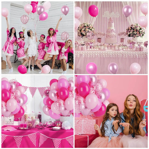 60 Piece Pink Balloons Set With 12 Inch Latex Balloons In Macaron Pink, Hot Pink, Pastel, Metallic, Matte, And Confetti Styles Plus 10m Pink And 10m Hot Pink Ribbons For Birthday Parties, Baby Showers, Weddings, And Girls Night.