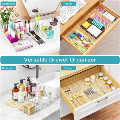 Heavy Duty Clear Plastic Drawer Organizer 12 Piece Set Premium Transparent Vanity Storage Box For Makeup Skincare Cosmetics Straight Up Solid Clutter Buster Built Tough