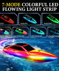 Remote Control RC Boat For Kids With 7 LED Modes 60 Minutes Play Time showing colorful LED lights on blue water