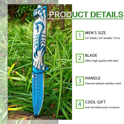 Folding Pocket Knife With 3D Titanium Plated Scorpion Handle Dope Rainbow Finish 3.6 Inch Razor Sharp Blade In 440 Stainless Steel