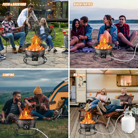 Outdoor Portable Propane Fire Pit 60 000 BTU 19 Inch With Cover And Carry Kit for patio, beach, camping, and RV use.