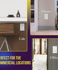 Image showing No-Fuss Screwless Decorator Wall Plate 1-Gang White Outlet Cover installed in a library, cafe, and office setting.