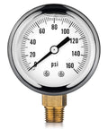 Front view of Renator water pressure gauge, 0-160 psi, oil-filled, chrome bezel, 1/4-in NPT brass inlet.
