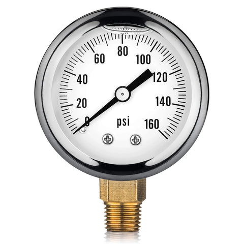 Front view of Renator water pressure gauge, 0-160 psi, oil-filled, chrome bezel, 1/4-in NPT brass inlet.