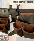 13 Pocket Framers Tool Belt Set With 4 Pc Leather Pouch Kit, 2 Inch Heavy Duty Belt And Hammer Holder, on display in workshop