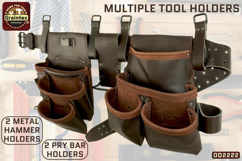 13 Pocket Framers Tool Belt Set With 4 Pc Leather Pouch Kit, 2 Inch Heavy Duty Belt And Hammer Holder, on display in workshop