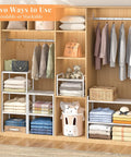 3 Pack Expandable Metal Closet Organizer Shelves Adjustable Stackable Wardrobe Storage Cubes For Clothes Shoes Pantry in a stylish closet.