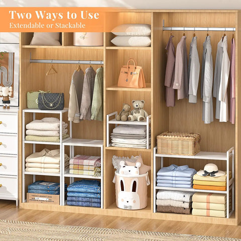 3 Pack Expandable Metal Closet Organizer Shelves Adjustable Stackable Wardrobe Storage Cubes For Clothes Shoes Pantry in a stylish closet.