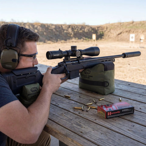 Person using All Weather Front And Rear Shooting Bag Combo For Target Practice And Bench Rest Use Durable Olive Drab Bags For Hunting AR-15 AR-10 Shotgun And Pistol Unfilled And Ready To Fill.