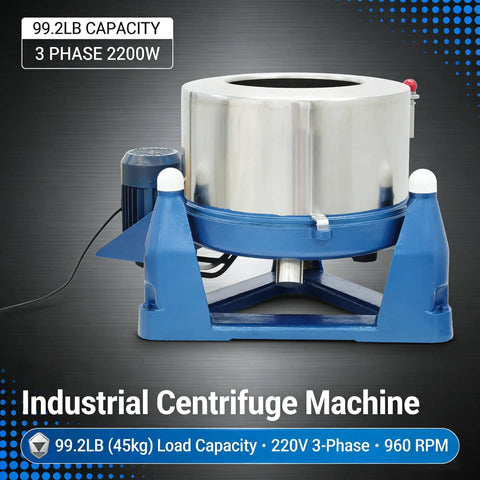 Industrial Centrifuge Dryer Machine For Solid Liquid Separation And Heavy-Duty Dehydration Featuring Built-Tough Stainless Drum And Zero-Wobble Cast Base For Biomass Oil Extraction Metal Parts And Textile Spin Drying 220 Volt, highlighting motor and drum.