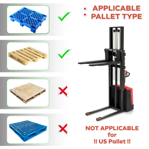 Heavy Duty Electric Pallet Stacker Raising 3300 Lbs To A Cool 98 Inch Lift Height With Adjustable Forks And Narrow Legs for pallet compatibility.