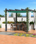 Aluminum Pergola With Retractable Canopy And Mosquito Netting, 10x13 Foot Outdoor Pavilion, grape trellis with bright blue curtains