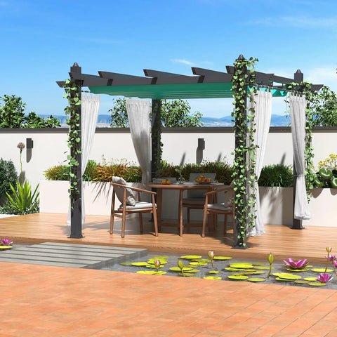 Aluminum Pergola With Retractable Canopy And Mosquito Netting, 10x13 Foot Outdoor Pavilion, grape trellis with bright blue curtains