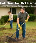 Two people using Tough-As-Nails 17 Inch Metal Bow Rake With XL Cowhide Gloves And 65 Inch Adjustable Steel Handle for yard cleanup