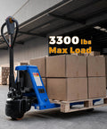 Heavy Duty Electric Pallet Jack With 3,300 Lbs Capacity And 48V Lithium Battery showing multiple boxes on a pallet in warehouse