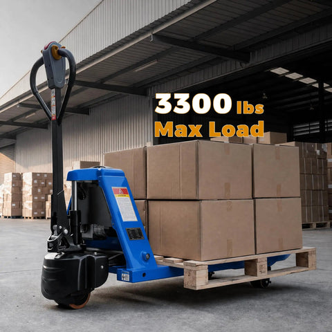 Heavy Duty Electric Pallet Jack With 3,300 Lbs Capacity And 48V Lithium Battery showing multiple boxes on a pallet in warehouse