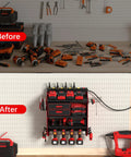Before and after view of a garage with a Power Tool Organizer Wall Mount With Charging Station For Garage And Workshop Eight Outlet Charger Holds Drills And Tools With Adjustable Rack And Multiple Hooks A Space Saving Gift For Fathers Day installed.