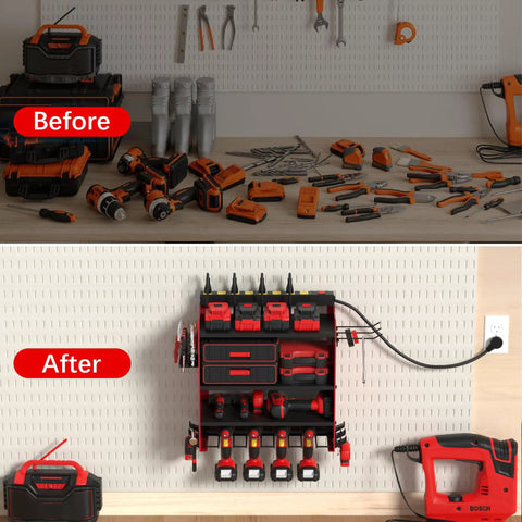 Before and after view of a garage with a Power Tool Organizer Wall Mount With Charging Station For Garage And Workshop Eight Outlet Charger Holds Drills And Tools With Adjustable Rack And Multiple Hooks A Space Saving Gift For Fathers Day installed.