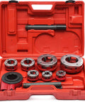 Heavy Duty Ratcheting Pipe Threader Kit Set With Seven Dies From Three Eighths To Two Inches in red case.