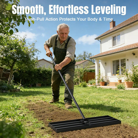 Person using Wide 30 Inch Lawn Leveling Rake With Adjustable 47 To 77 Inch Telescoping Handle And 180 Degree Rotating Head A Workhorse Heavy Duty Rust Resistant Steel For Lawns Golf Courses And Driveways Time Saving Tool on grass