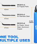 Pro Grade Deburring Tool Kit With 11 High Speed Steel Blades And A 360 Degree Rotary Head For Smooth Edges On 3D Prints, Metal, Plastic, Wood, PVC, Resin, Aluminum, Copper And More showing handle and blade types for various materials.