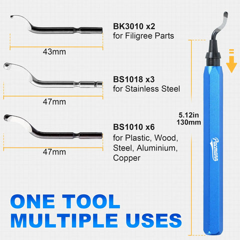 Pro Grade Deburring Tool Kit With 11 High Speed Steel Blades And A 360 Degree Rotary Head For Smooth Edges On 3D Prints, Metal, Plastic, Wood, PVC, Resin, Aluminum, Copper And More showing handle and blade types for various materials.