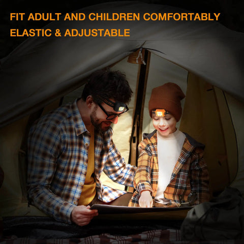 Two Pack Rechargeable LED Headlamp With USB Power worn by adult and child sitting in tent, demonstrating adjustable fit.