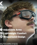 Person wearing Anti Fog Safety Glasses With Rubber Gasket Seal Up To 95 Percent, Non OTG ANSI Z87.1, UV400 Protection.