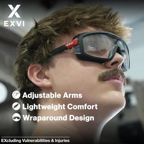 Person wearing Anti Fog Safety Glasses With Rubber Gasket Seal Up To 95 Percent, Non OTG ANSI Z87.1, UV400 Protection.