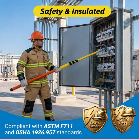 Worker using Telescoping High Voltage Rescue Pole 20 Ft Insulated Hot Stick For 220kV Rescue FRP Construction ASTM F711 Compliant OSHA 1926.957