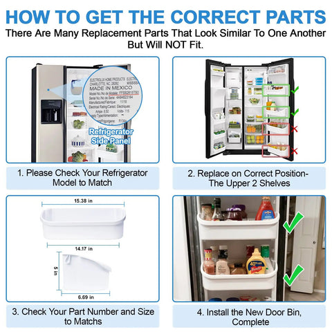 Diagram showing 2 Pack Upgraded 240356401 Refrigerator Door Bin For Fridge Door Shelf Replacement Fits specific Frigidaire models.