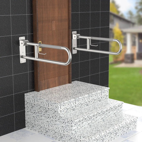 Rock Solid Toilet Grab Bar With Paper Holder Flip Up Bathroom Safety Rail Hella Secure Stainless Steel Anti Slip Support Handle mounted beside stairs.