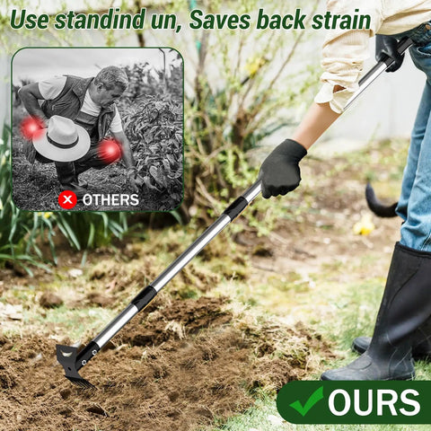 Long Handle 2 In 1 Weed Puller Tool With Garden Hoe And Weed Rake for easy weed removal in home gardens, shown in use on lawn.