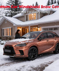 Car Windshield Cover For Ice And Snow 70 X 50 Inch, Heavy Duty 600D Snow Shield installed on SUV during winter snow.