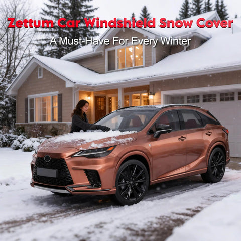 Car Windshield Cover For Ice And Snow 70 X 50 Inch, Heavy Duty 600D Snow Shield installed on SUV during winter snow.
