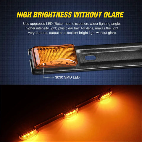 14.2 Inch 9 LED Trailer Light Bar Amber Clearance Marker Rear Lights For Wide Trailers 80 Inches Or Wider With Wide Angle Beam Ultra Bright Light Heat Dissipating SMD LEDs Durable And Glare Free, amber 9 LED trailer light bar on black mount