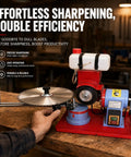 Badass Circular Saw Blade Sharpener And Electric Grinder restores dull steel to razor sharp edge, showcasing circular saw blade being sharpened.