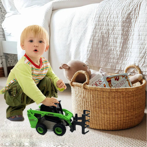 Child playing with Three In One Skid Steer Loader Construction Toys Set One Fifty Scale Diecast Site Loader With Metal Forklift