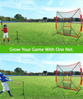 Six By Six Foot Baseball And Softball Training Net With Batting Tee Strike Zone Target And Circular Target Weighted Practice Ball Portable Design And Easy Storage Perfect For Kids And Backyard Sessions shown in outdoor use.