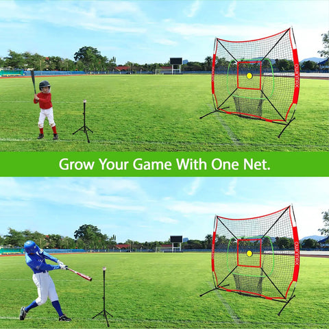 Six By Six Foot Baseball And Softball Training Net With Batting Tee Strike Zone Target And Circular Target Weighted Practice Ball Portable Design And Easy Storage Perfect For Kids And Backyard Sessions shown in outdoor use.