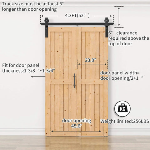 Bi-Fold Barn Door Set 48 By 84 Inches With 52 Inch Bifold Hardware Kit For Two Doors No Assembly No Fuss Setup Solid Spruce Wood