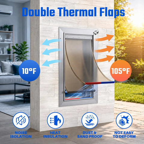 All Aluminum Pet Door For Wall Built Tough With A Heavy Duty Reinforced Frame featuring double thermal flaps for insulation.
