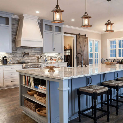 Faux Wood Lantern Pendant Lighting With Glass Shades For Kitchen Island, modern farmhouse style hanging above white kitchen island